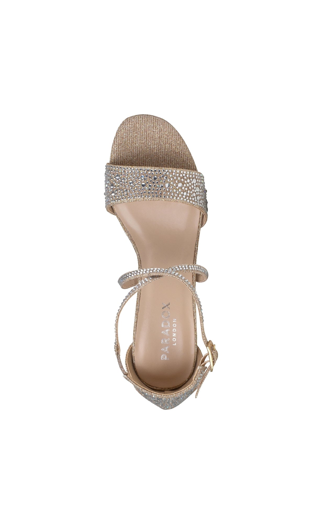 A top view of the Ines Champagne Prom Shoes by Paradox London P2212 shows gold open-toe sandals with two sparkling rhinestone straps, an ankle buckle, and chic 2-inch block heels.